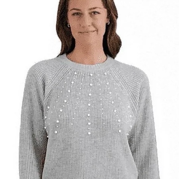 French Connection Light Gray Beaded Crewneck Sweater - Picture 2 of 6